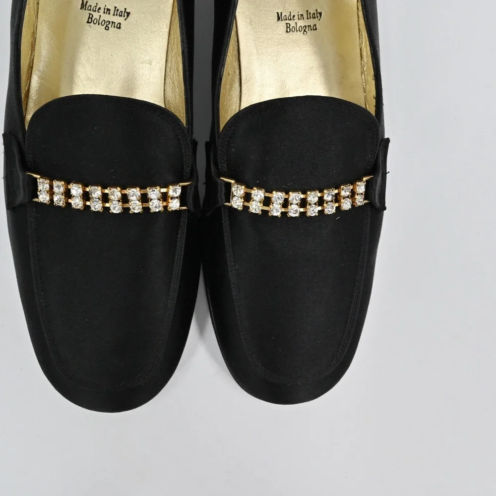 Bruno Magli Crystal Satin Loafers Womens Size 6.5 Black Evening Vintage Italy‎